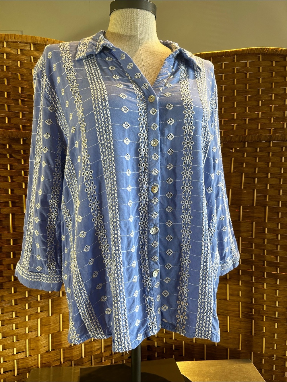 Embroidered Eyelet Blouse Blue Boho Cottagecore Button Front Women’s L